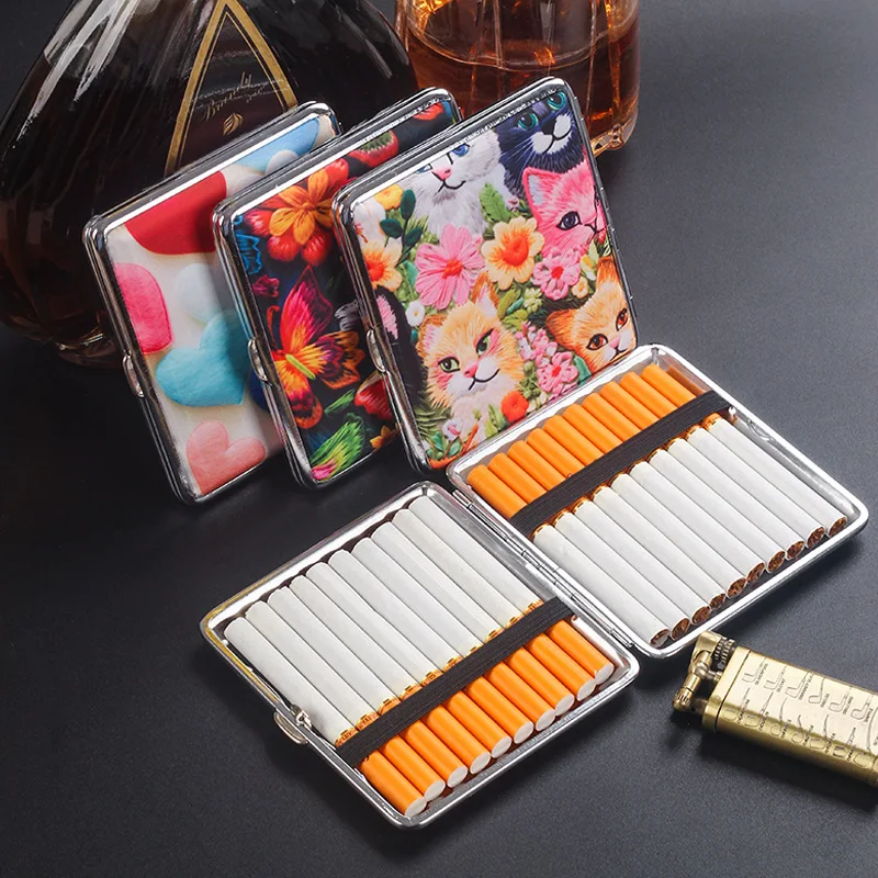 Hold 20 Creative Printing Cigarette Case, Portable Fabric Metal Thick Cigarette Cases for Tobacco Cigarette Box Hold for Women