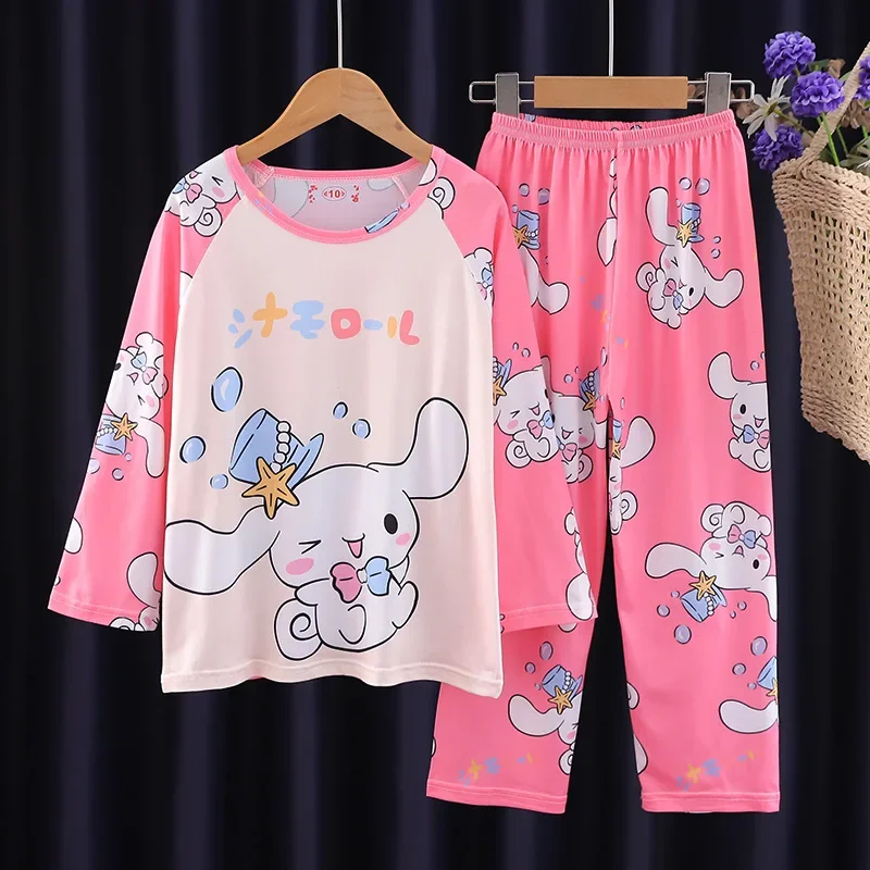 Kawaii Sanrios Kuromi Cinnamoroll Pochacco Children Milk Silk Pajamas Sets Anime Girl Boy Sleepwear Autumn Kids Homewear Clothes