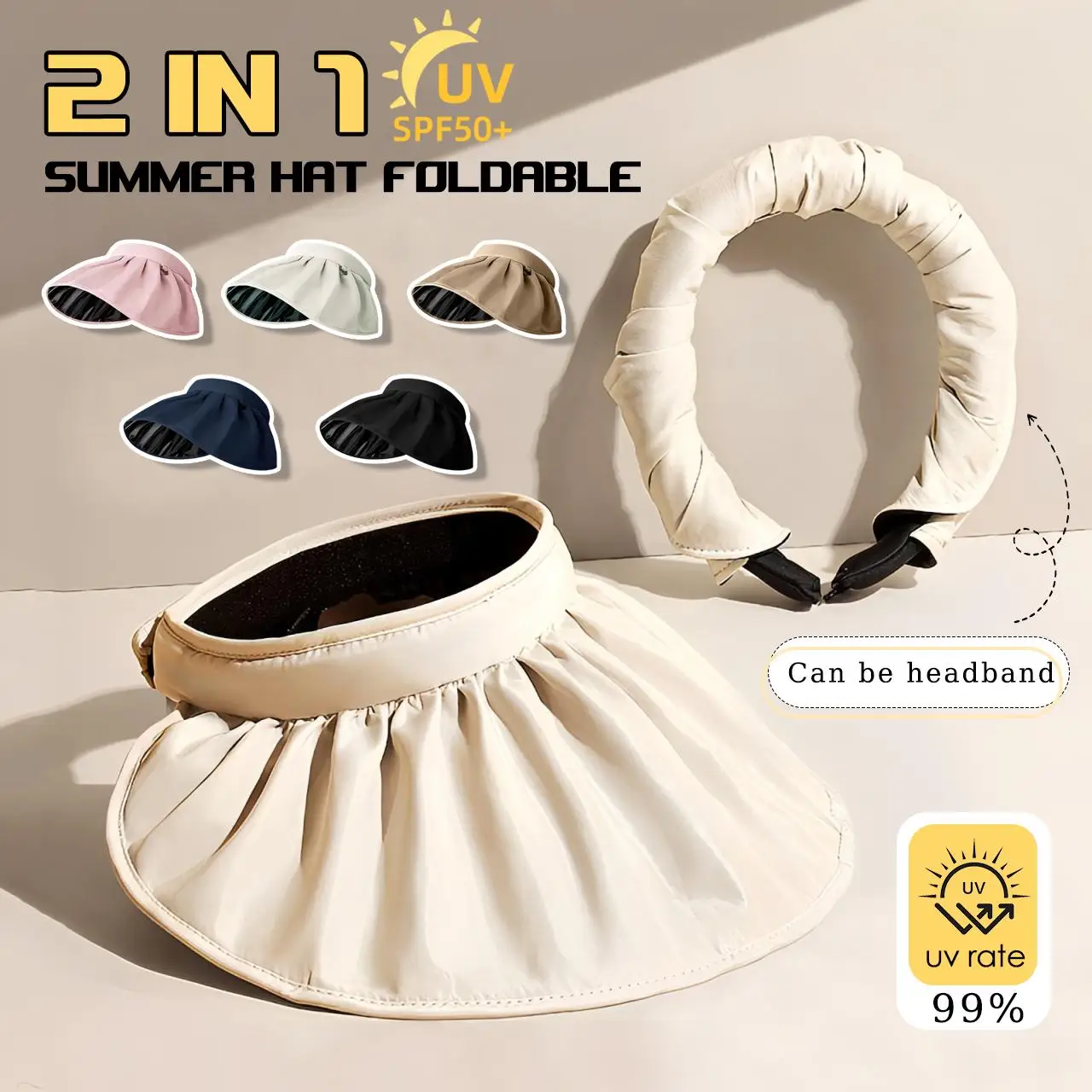 2 in 1 Foldable Summer Hat UV Protection Wide Brim Roll-up Shell Cap Outdoor Beach Travel Fashion Korea Breathable Visor Sun Cap