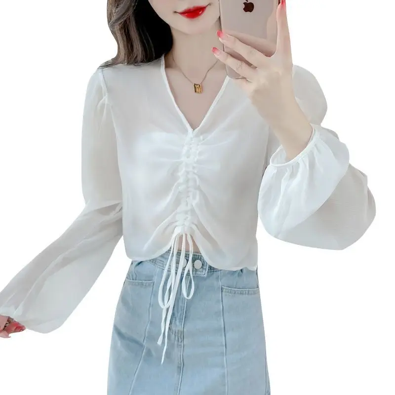 Summer New Thin Chiffon Blouse Long Sleeve Solid Color V Neck Drawstring Short All-match Shirt Tops Casual Fashion Women Clothes