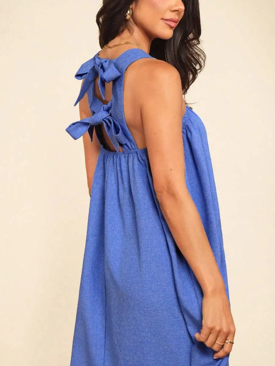 

Women Loose Solid Color Woven Mid-Length Dress Spring Summer