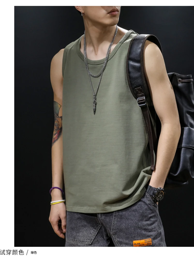 Cotton T-shirt Vest Men's Solid Color Loose Sleeveless Hurdle Sports Fitness Clothing Large Size Summer Trendy All-Match Casual