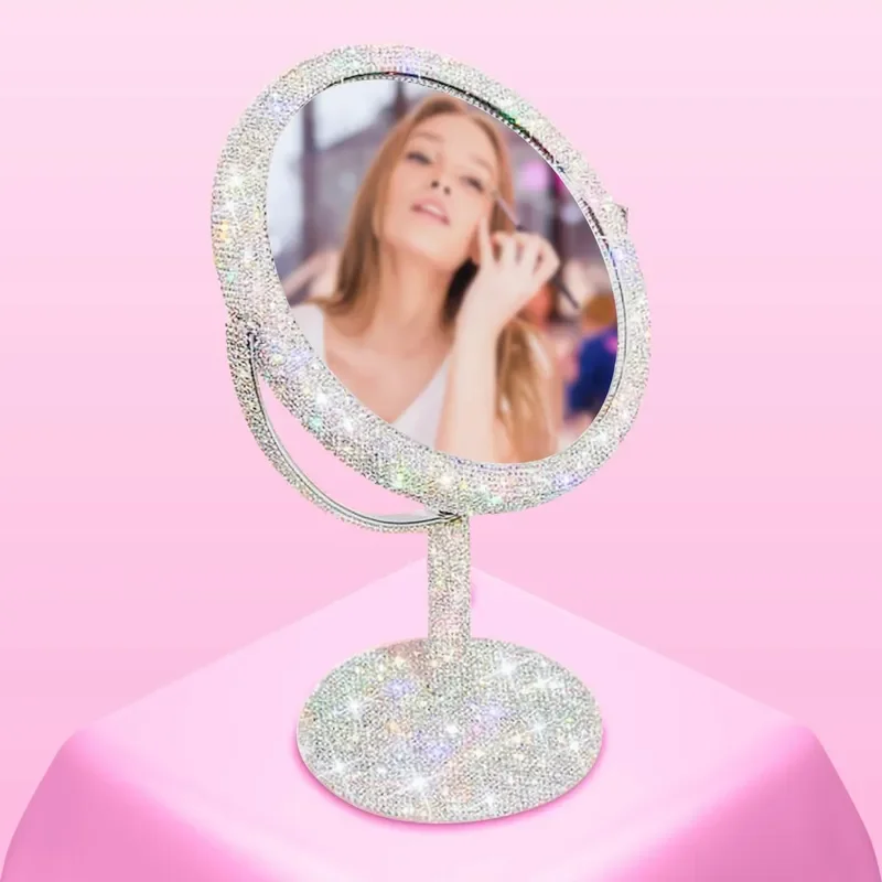 Luxury Rhinestone Vanity Mirror Double Sided Folding Desktop Makeup Mirror Rotating Diamond Encrusted Beauty Mirror Gift For