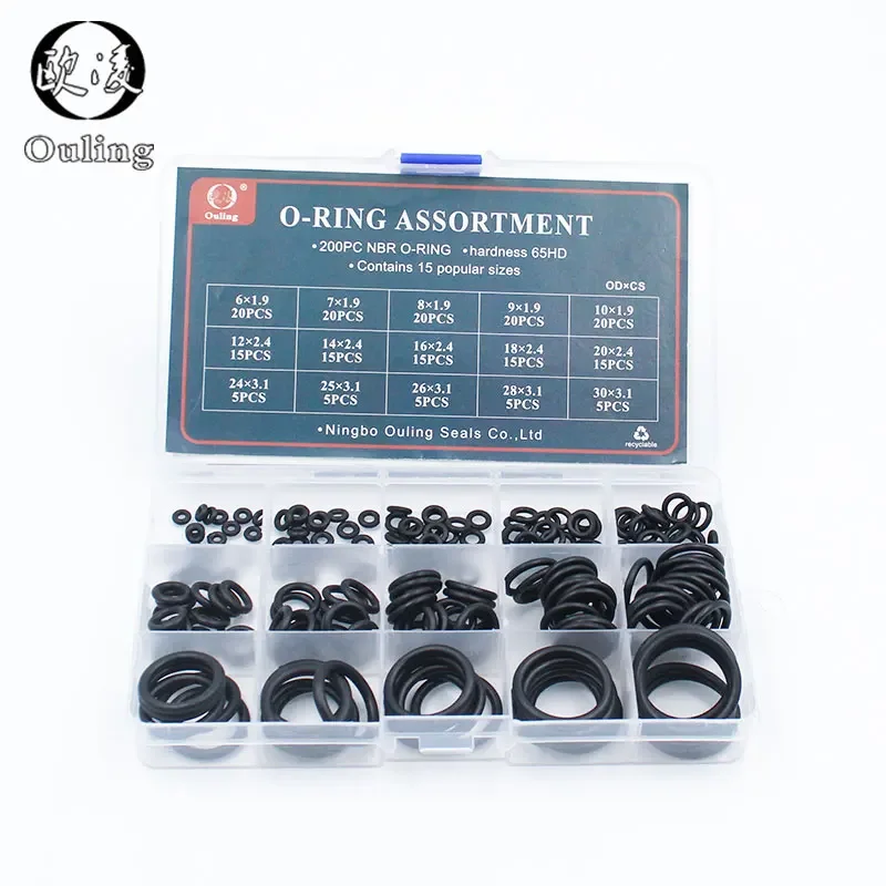 200pcs 15 Sizes O Rings Rubber O Ring Seal NBR Black Sealing O-rings Nitrile Washer Rubber o-ring set Assortment Kit Set Box-.-