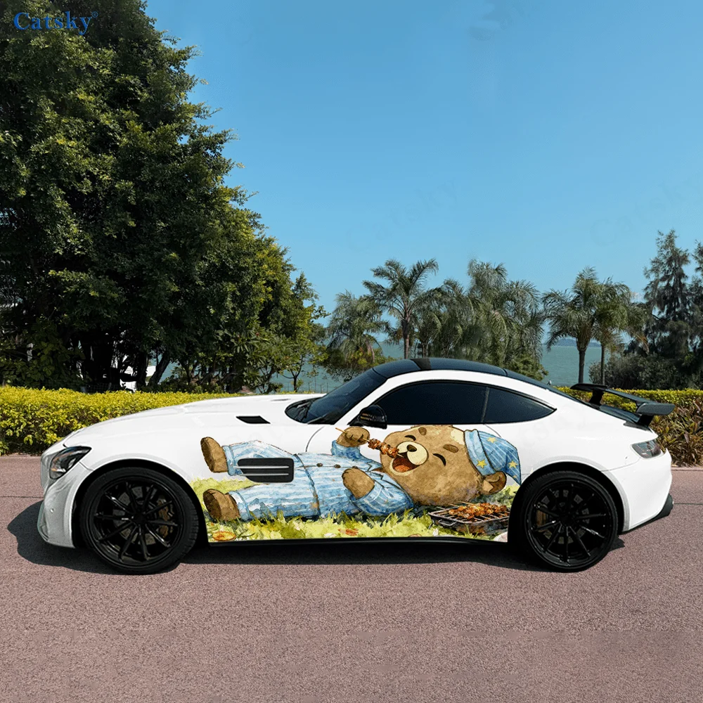 Cute pajama teddy bear creative pattern stickers for car body and door side, fashionable stickers, two pieces of decoration suit