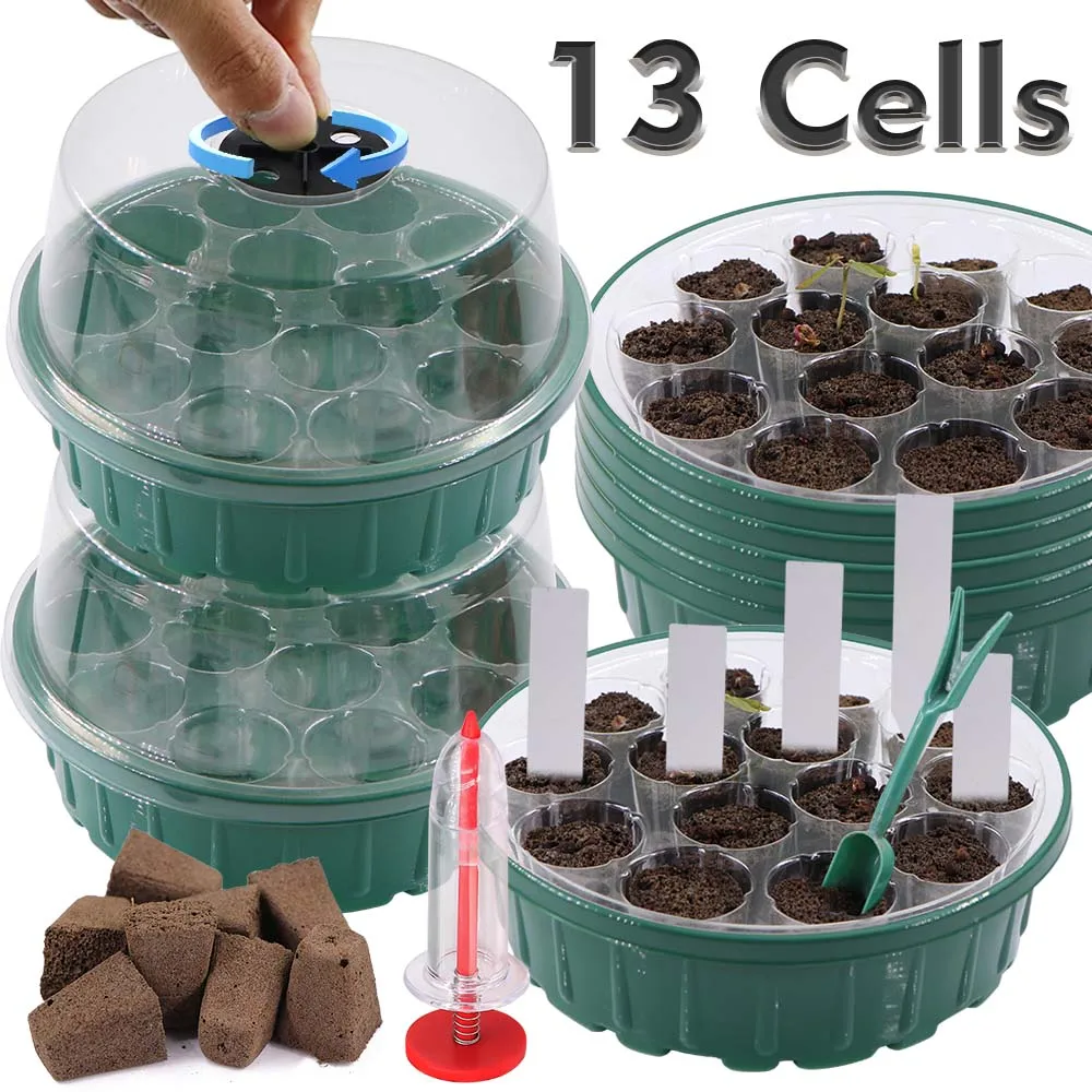 13 Cells Round Germination Box Nursery Seedling Trays Kit w/ Grow Sponge Indoor Garden Greenhouse Growth Pot Adjustable Humidity