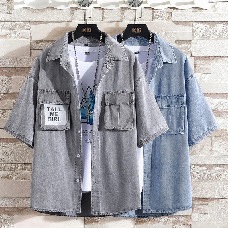 New Summer Men\'s Blue Denim Shirts Short Sleeve Jean Shirts High Quality Men Cotton Light Blue Denim Shirts Plus size M-4XL