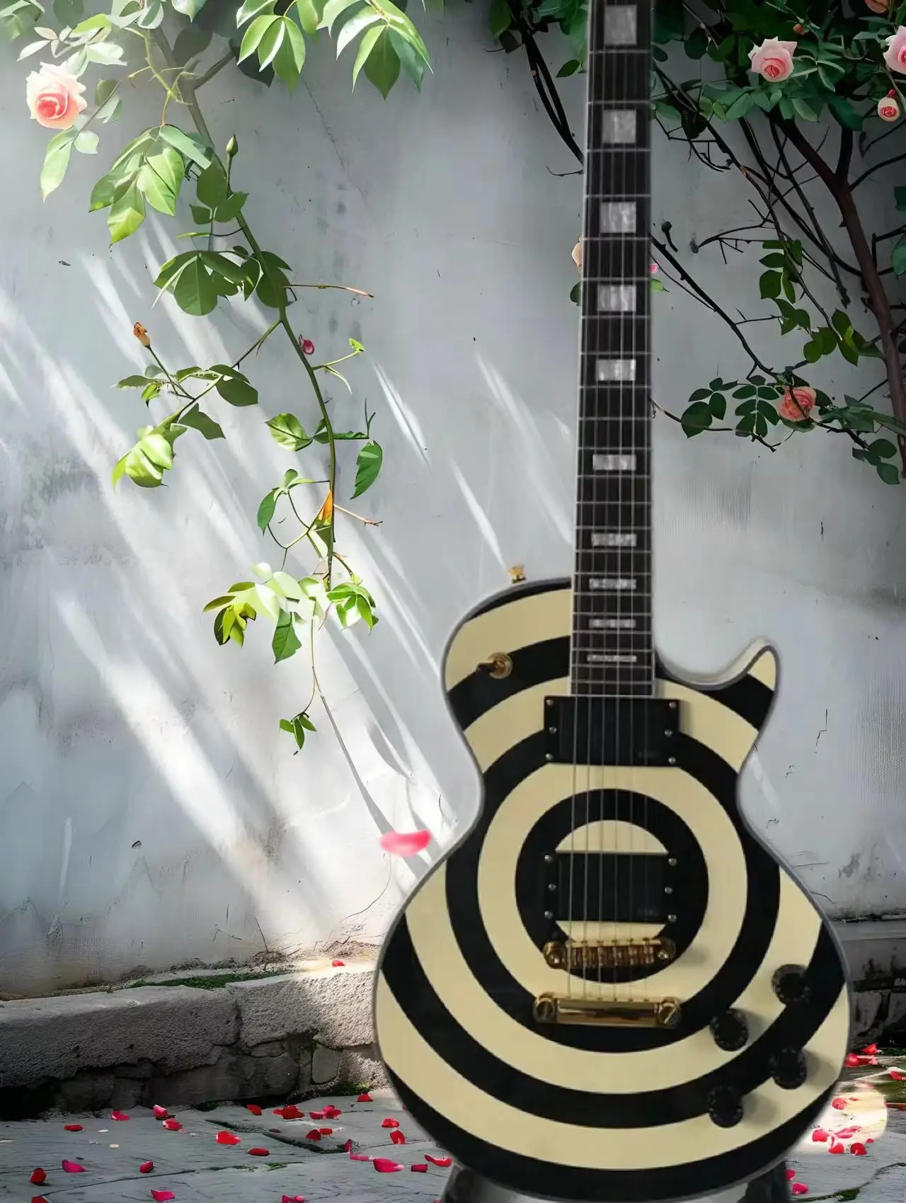 Custom electric guitar, Zakk guitar, gold accessories, EMG pickup, classic black and white stripes