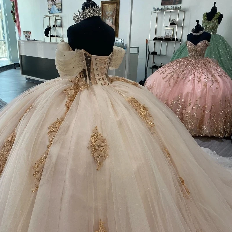 Vestido De quinceañera con hombros descubiertos, tul, apliques, cuentas De flores, desfile, cordones, Baile De Princesa, 15 Años, champán