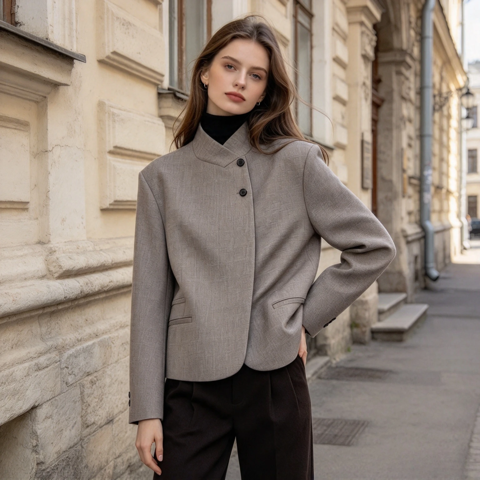 Classic Grey Blazer Coat Single Breasted Lapel Collar Long Sleeve Pockets Loose Fit Commute Warm Business Outerwear Lady Jacket