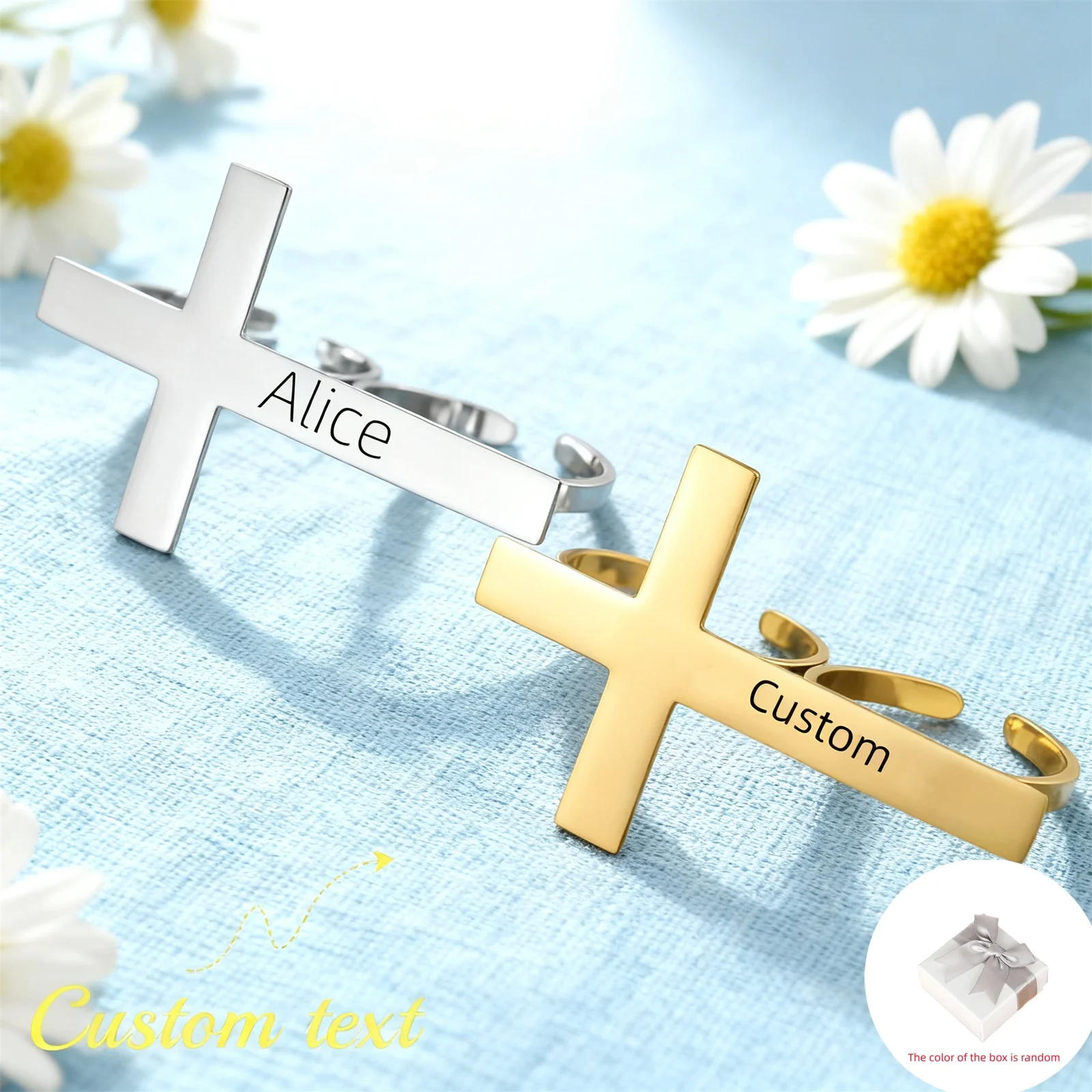 Customized Name Date Logo Double Finger Cross Open Ring Stainless Steel Gothic Retro Jesus Cross Personalized Name Ring Jewelry