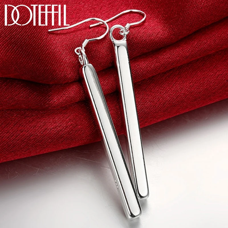 DOTEFFIL 925 Sterling Silver Smooth Small Cylindrical Long Earrings Charm Women Jewelry Fashion Wedding Party Gift