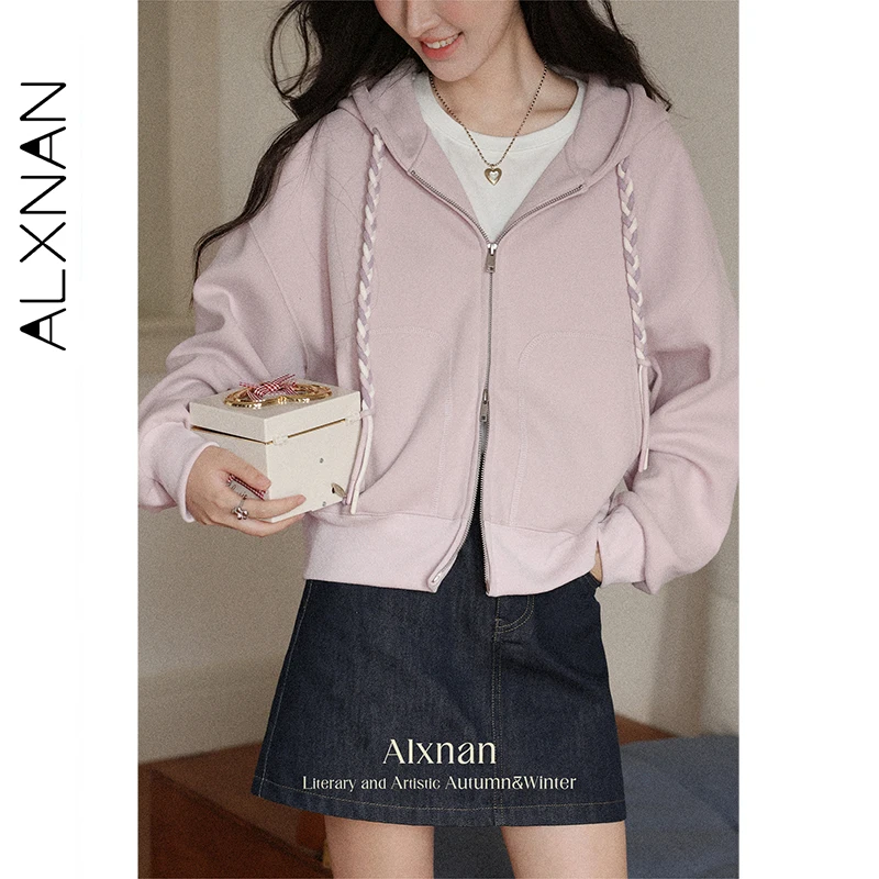 ALXNAN Women's Hoodies Pink Zipper Twisted Drawstring Loose-fit Sweatshirt 2025 Autumn Casual Long Sleeve Coats Female L56811