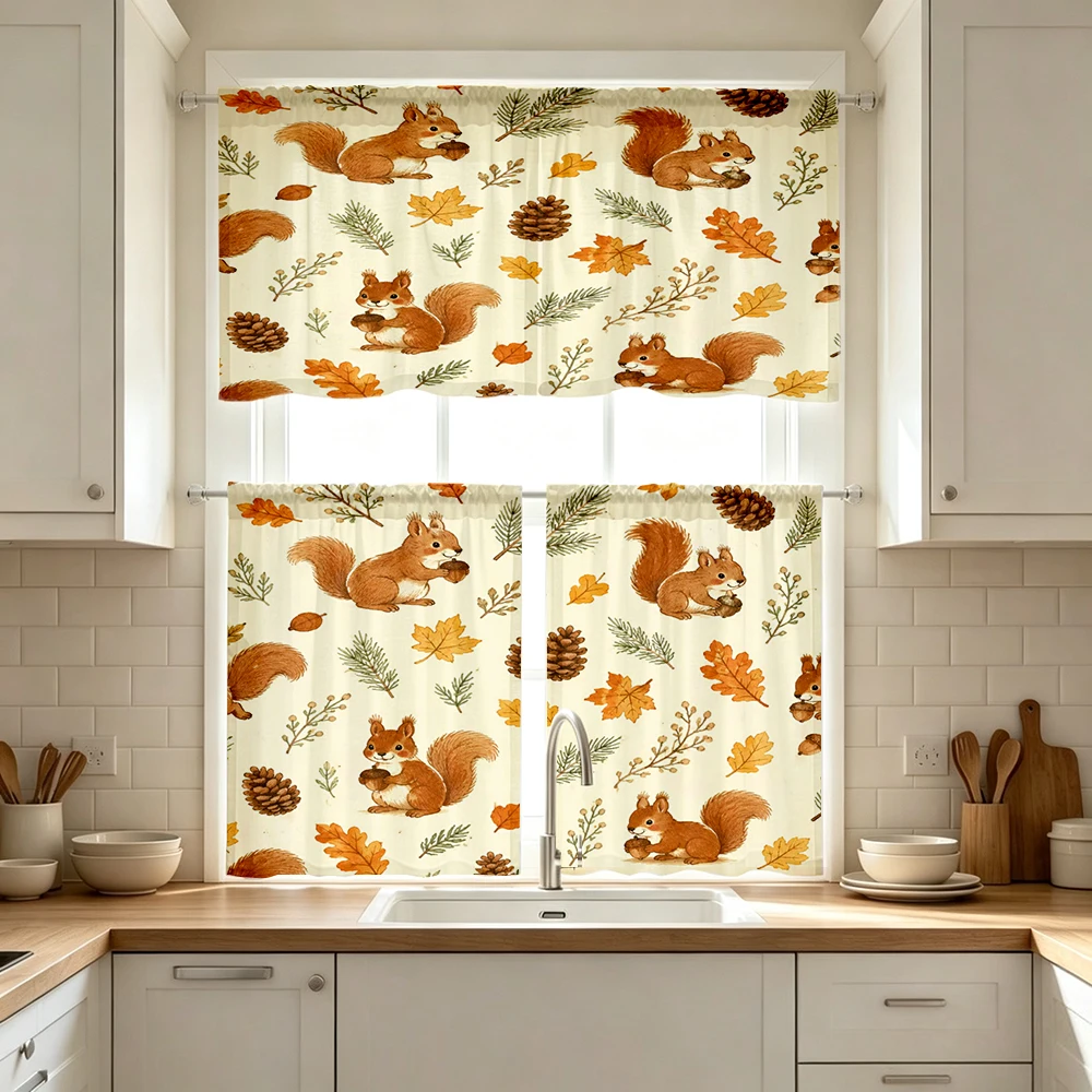 Fall Kitchen Curtains, Squirrels Pinecone Autumn, Digital Print, Kitchen Dining Room, Rod Pocket Polyester, Home Decor