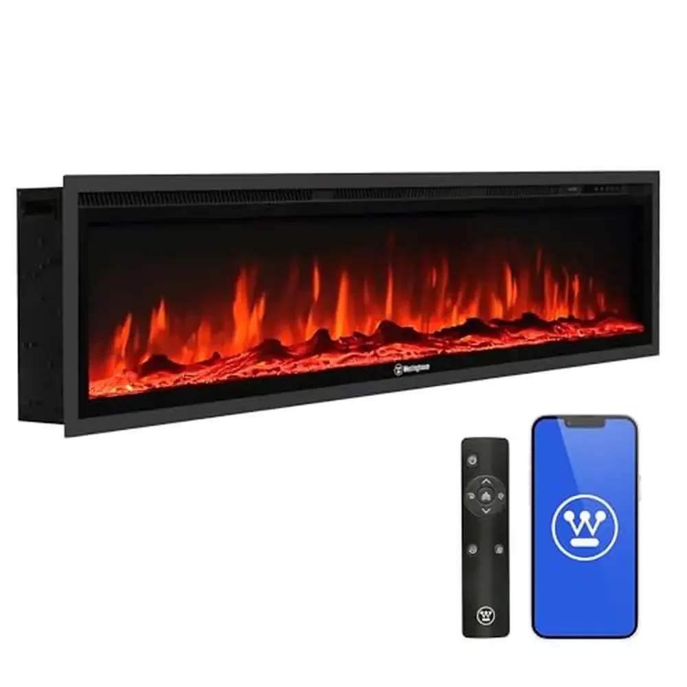 Electric Fireplace Heater Wall Mount 60 Inch Insert Alexa Google Home Compatible 24 Hour Remote Control Customizable Flames &