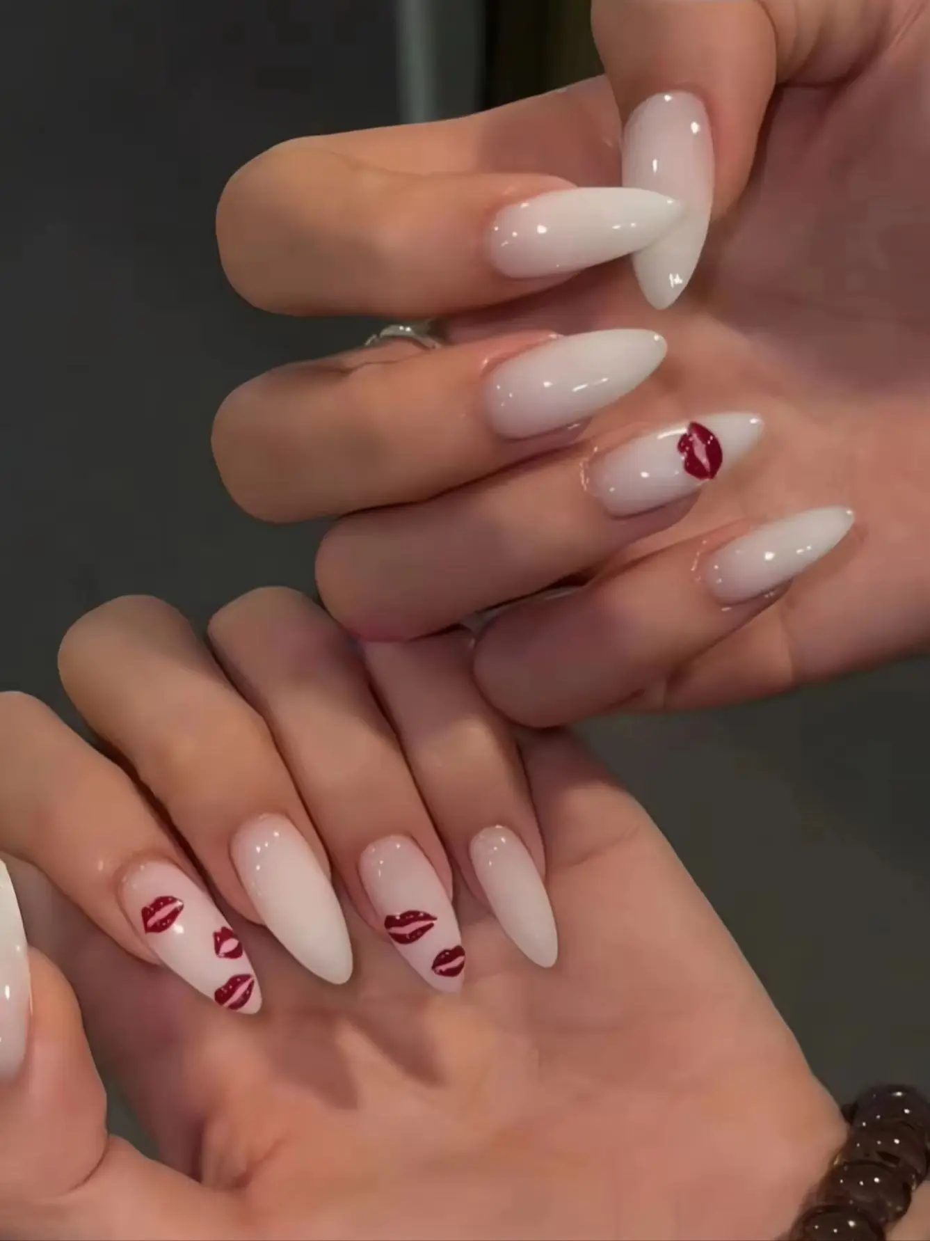 10-Piece Set of Hot Kiss Lip Print Wearable Nails, Long Almond Shape, Milky White Nude Base Color, Burgundy Lip Stickers, Sexy Reusable Fake Nails