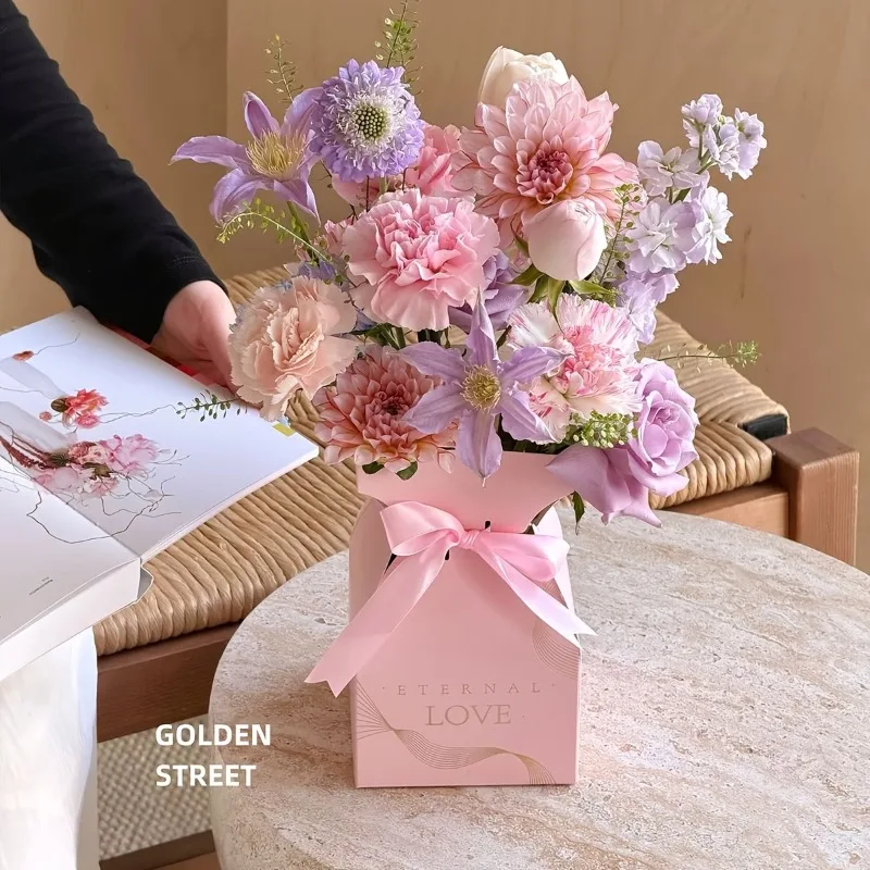 10-40PCS Valentine S Day Flower Box Gift Packaging Bouquet Wrap Floral Arrangement Supplies Handbag Basket with Handle