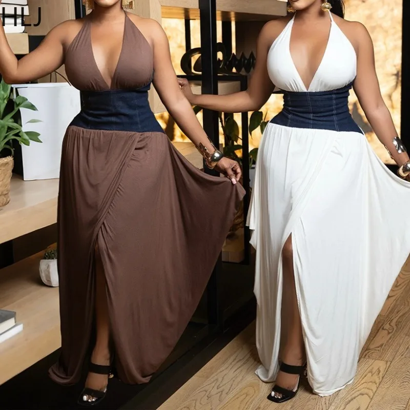 HLJ مثير غير النظامية Ruched المرقعة Bodycon فستان طويل المرأة الرسن العميق الخامس الرقبة عارية الذراعين فستان ماكسي الإناث الشارع الشهير 2025 جديد