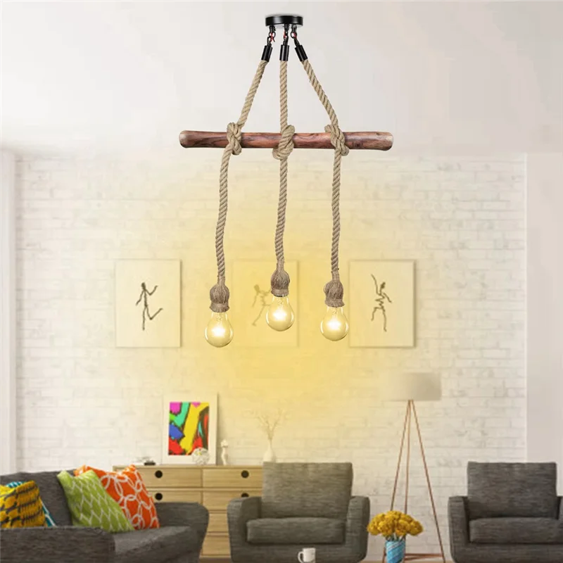 ABRE-1M 3 Head LED Industrial Chandelier Retro Hemp Rope Ceiling Lamp Home Decor Pendant Lights Without Light
