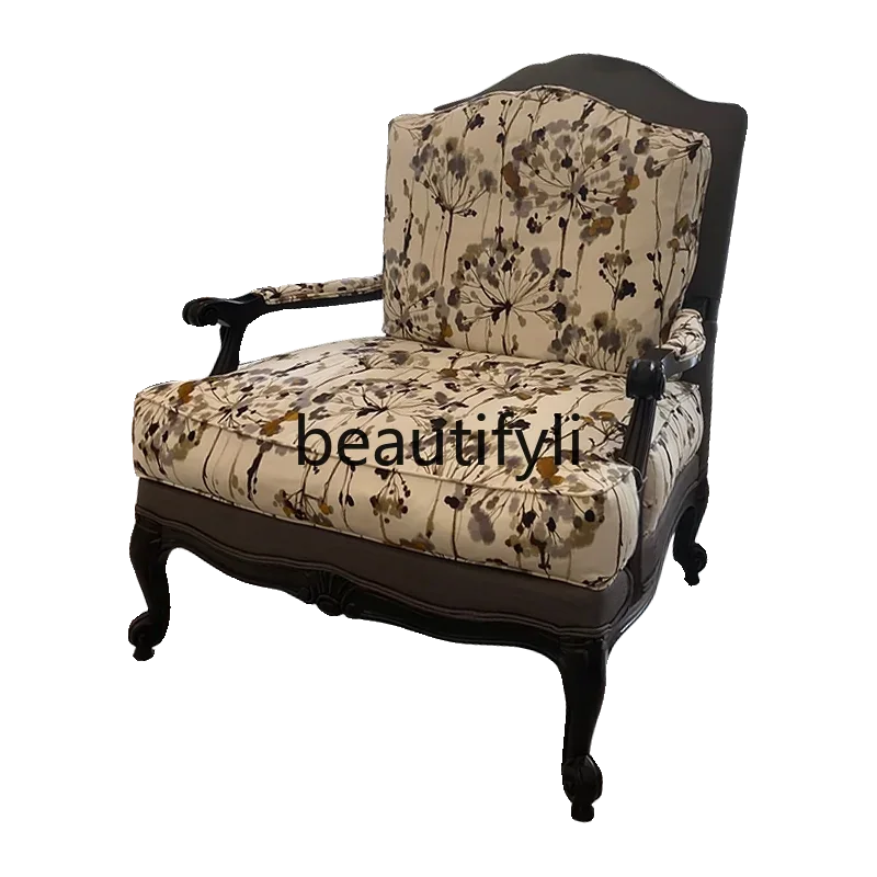 

A15 American retro all-solid wood casual sofa chair removable and washable tiger chair single sofa jacquard fabric