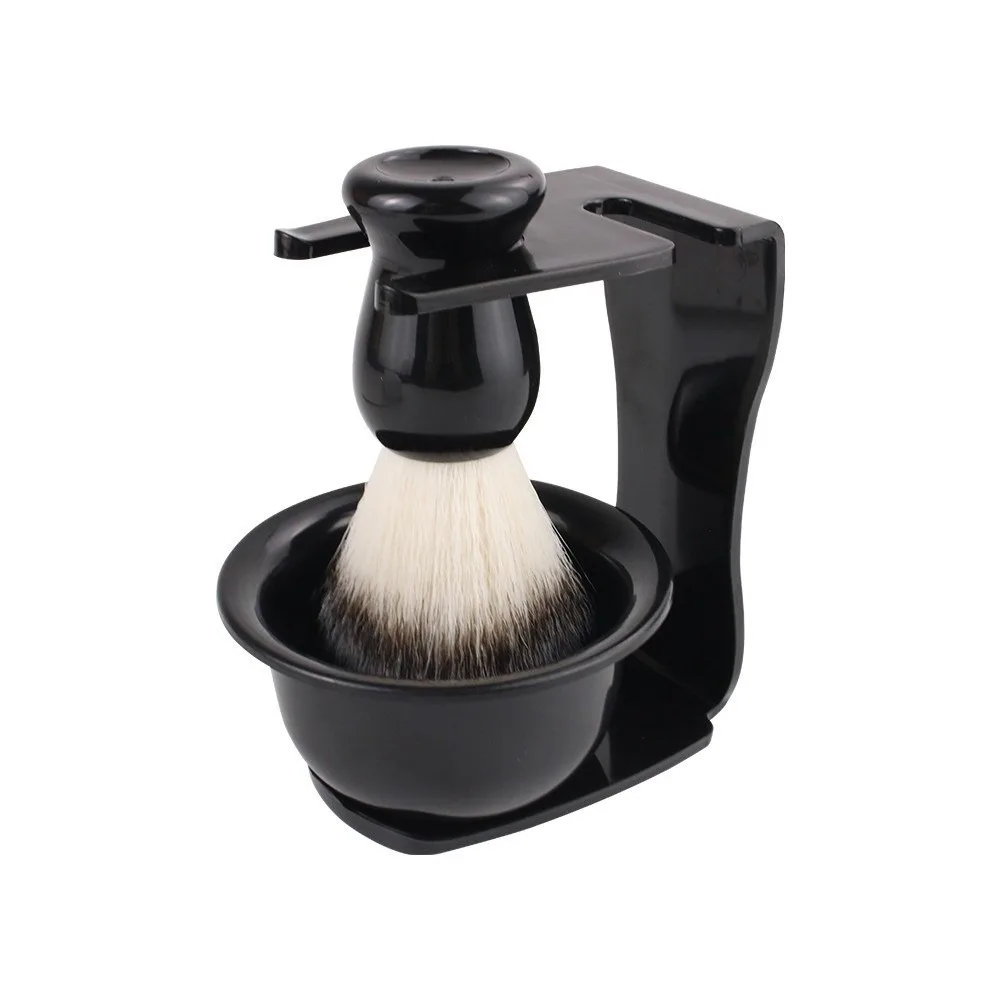 3PCS Nylon Bristle Shaving Brush Set Black 2-in-1 Design Shaving Brush Stand Lathering Bowl Brush Holder Beard Grooming Kit