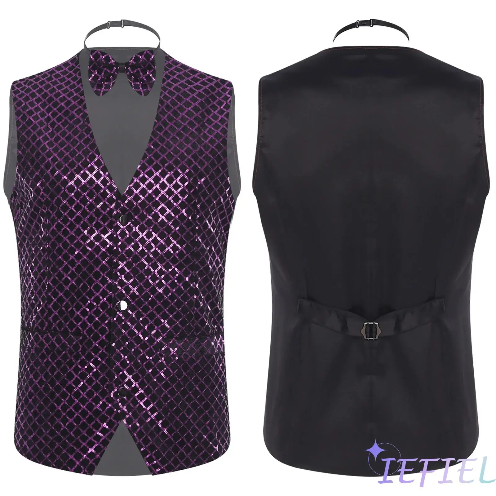 

Mens 70s Disco Dance Shiny Blazer Vest Sleeveless Pointed Hem Button-down Waistcoat+Bow Tie Party Gentleman Ballroom Dancewear