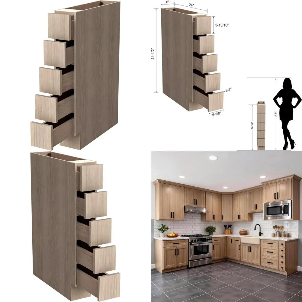

6 Inch Slim Kitchen Cabinet - Compact Storage with 5 Drawers for Spices, Fills Gap Between Appliances, Solid Wood Base, 24D x 34