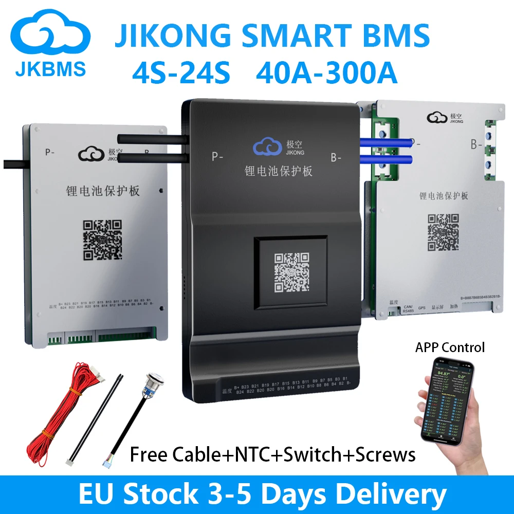 JIKONG BMS keseimbangan aktif mendukung BT/APP RS485 dapat panas Li-Ion Lto lifepo4 18650 baterai 12V 24V 36V 48V 72V 4S-24S 200A