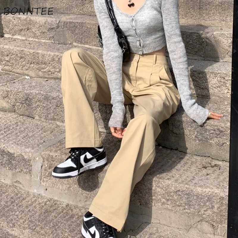 

Vintage Pants Women Design Solid High Waist Simple Korean Style Ladies All-match Trendy Spring Autumn Trousers Mujer Pantalones