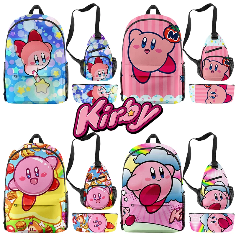 Conjunto de 3 uds. De mochila escolar Kirby de dibujos animados de gran capacidad para estudiantes, bolso cruzado portátil, bolsa para bolígrafos, suministros escolares, papelería, regalos de cumpleaños