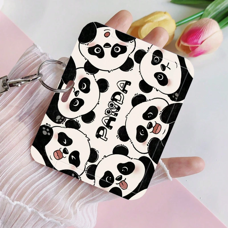 Kawaii Panda Pattern Card Holder with Retractable Spring Cord Suitable for Student Bus/Metro Card Meal Card Protection Case