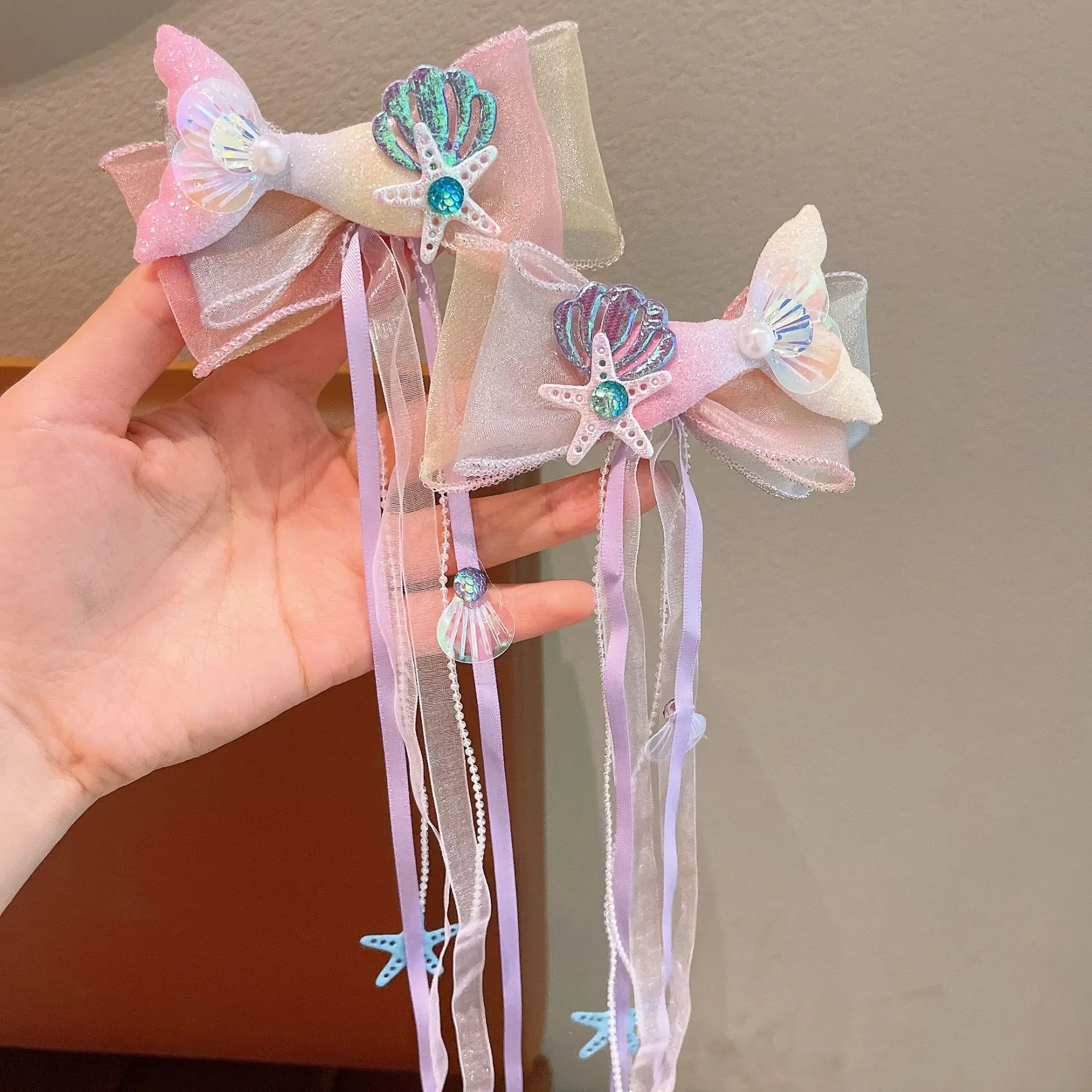 1 Paar verträumte Meerjungfrau-Feen-Haarspange mit Schleifenriemen, Feen-Air-Mesh-Seitenclip, Kinder-Prinzessin-Haarschmuck, Alltags-/Party-Stil – Detail 5