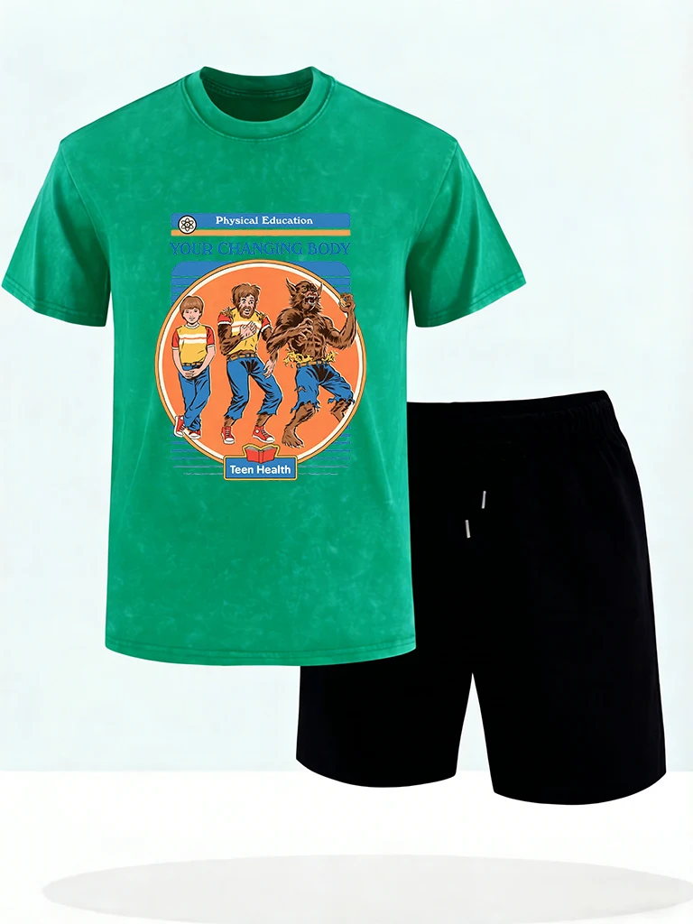 

Physical Education Your Change Body Print Washed Man T Shirt Fashion Casual Short Set Cotton Loose Clothes Pocket Classic Shorts