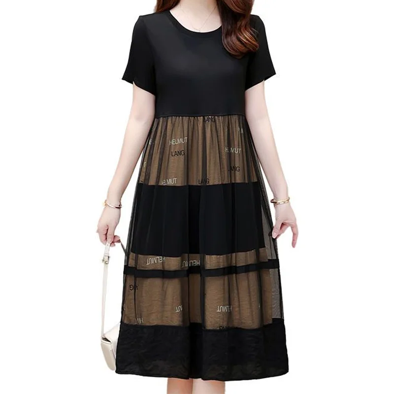 

Fashion Dresses Net Yarn Short Sleeve A-line Skirt Summer Korean Slim Pullovers Ladies Patchwork Midi Dress Women's Clothing