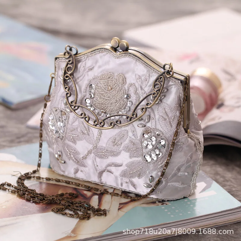 Vintage Embroider Beading Evening Bag Women Metal Handle Top-Handle Bag Phone Cosmetic Evening Bag Party Beaded Lace Handbags