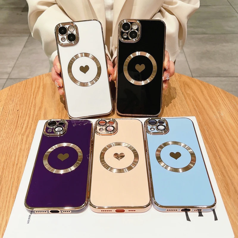 Luxury Magsafe Magnetic Plating Love Heart Phone Case For iPhone 11 12 13 14 15 Pro Max X XR XS 8 Plus Wireless Charging Cover