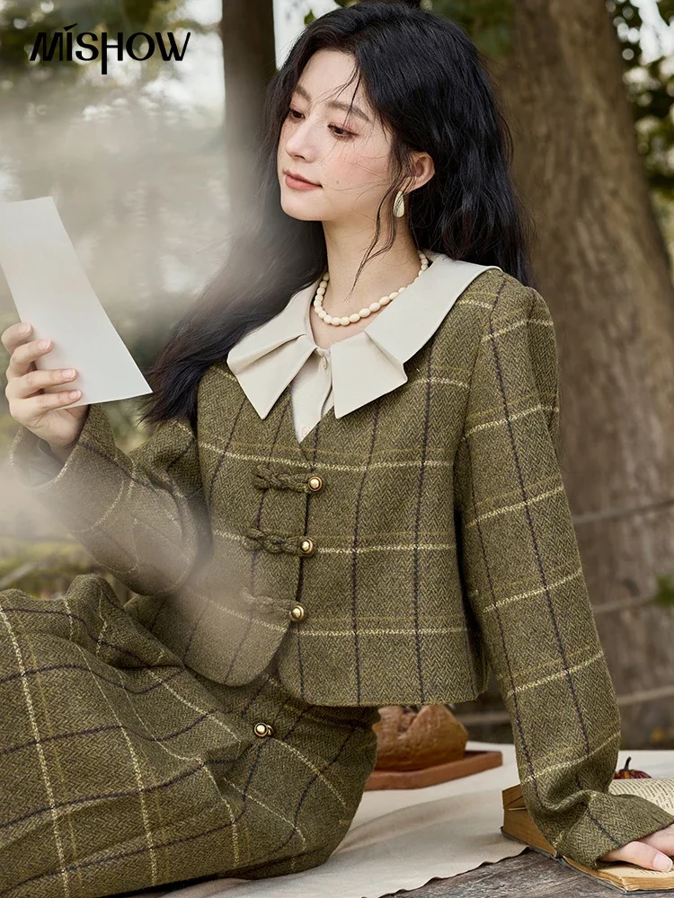 MISHOW Retro Plaid Tweed Jacket Short Skirt Separately Women 2024 Winter Doll Collar Jacket Pleated Mid Length Skirt MXD48W0469