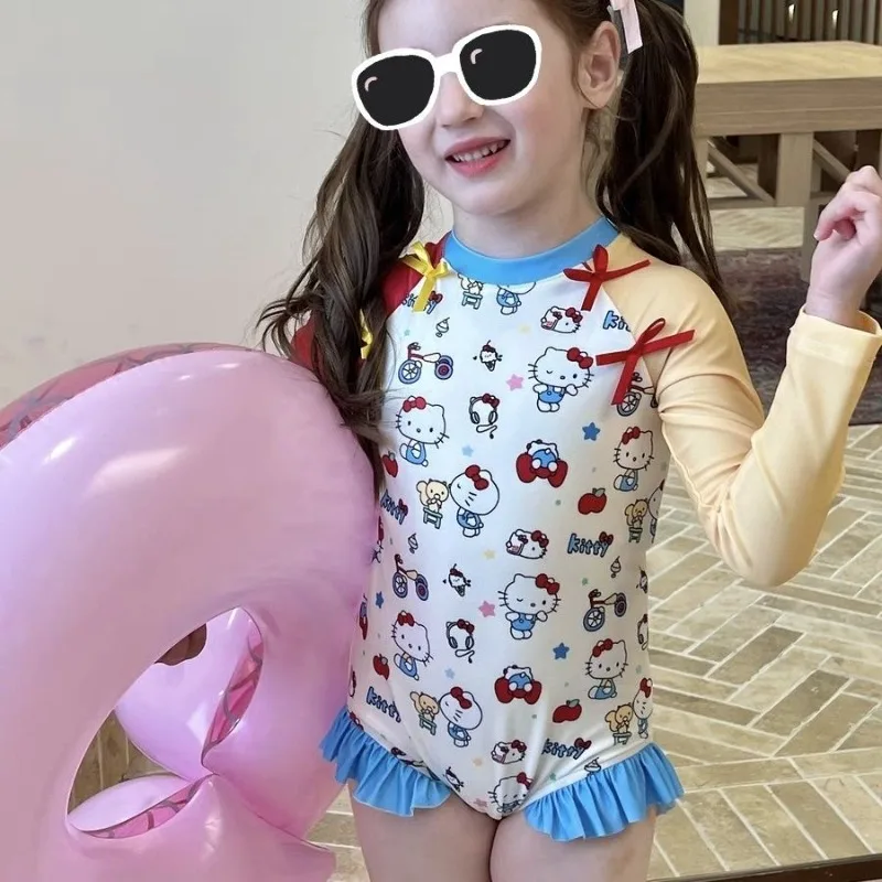 جديد الرسوم المتحركة مرحبا كيتي مطبوعة كم طويل ملابس السباحة الحماية من الشمس تكدرت التجفيف السريع قطعة واحدة ملابس السباحة بالجملة #2
