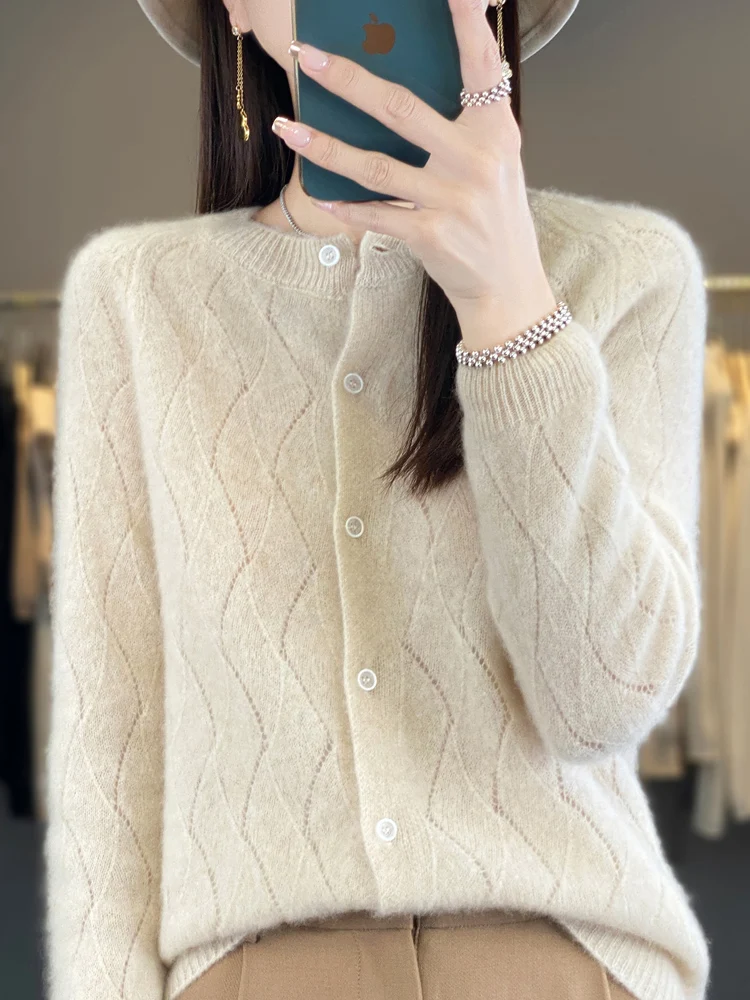 100% Merino Wool Knitwear O-neck Hollow Out Sweater For Women Cardigan Raglan Sleeve Spring Autumn Cashmere Popular Clothes Tops