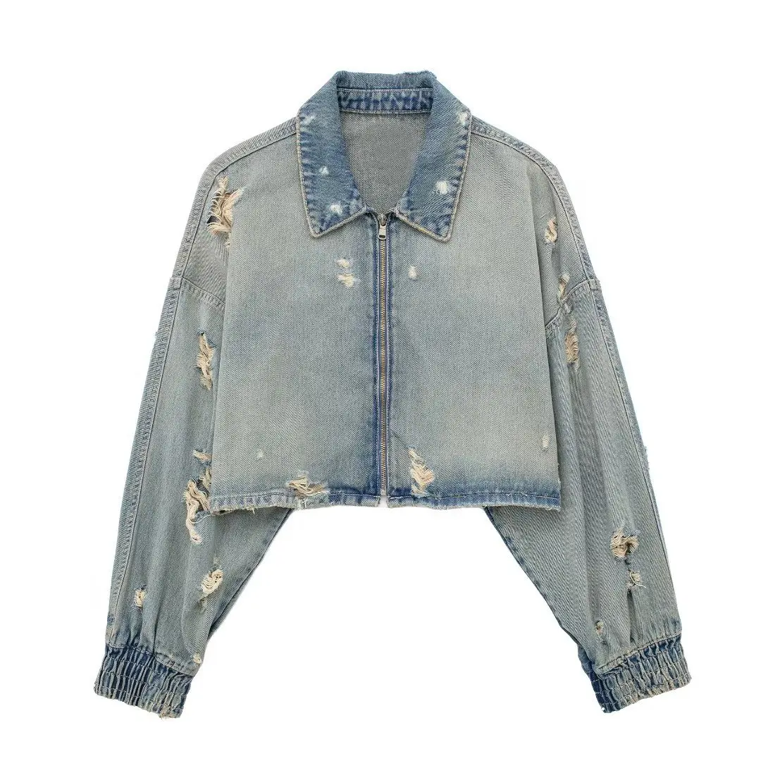 

Broken Hole Decorative Denim Jacket Spring Autumn Loose Short Coat Women's High Street Long Sleeved Zipper Motorcycle Outwear