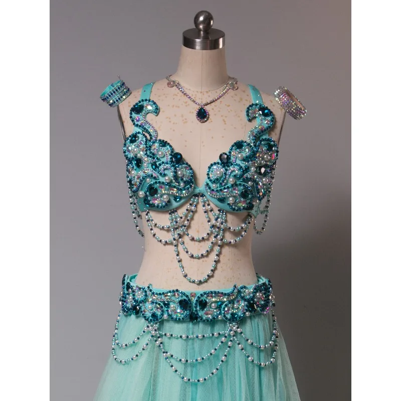 Customized Belly Dance Costume Women's Performance Dress Sexy Tassel Fairy Yarn Skirt Tiffany Blue Set