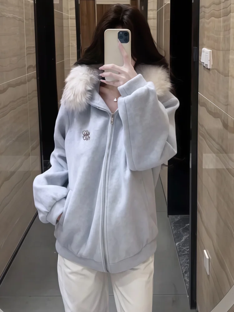 

Loose Blue Hooded Sweatshirt Women's Korean Style Winter New Arrival Fur Collar Cardigan Outerwear Fashion Trend