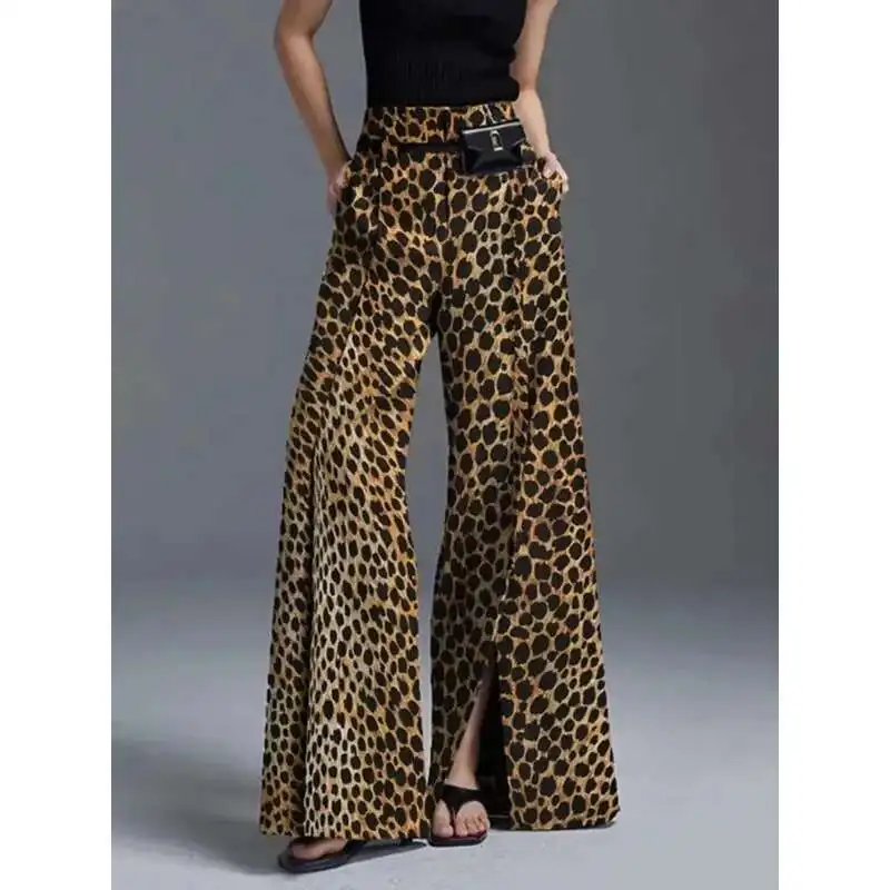 

BabYoung Women's Leopard Print Pants Fashions Loose Fit Casual Split-Front Wide Leg Long Trousers 2024 Autumn Fall