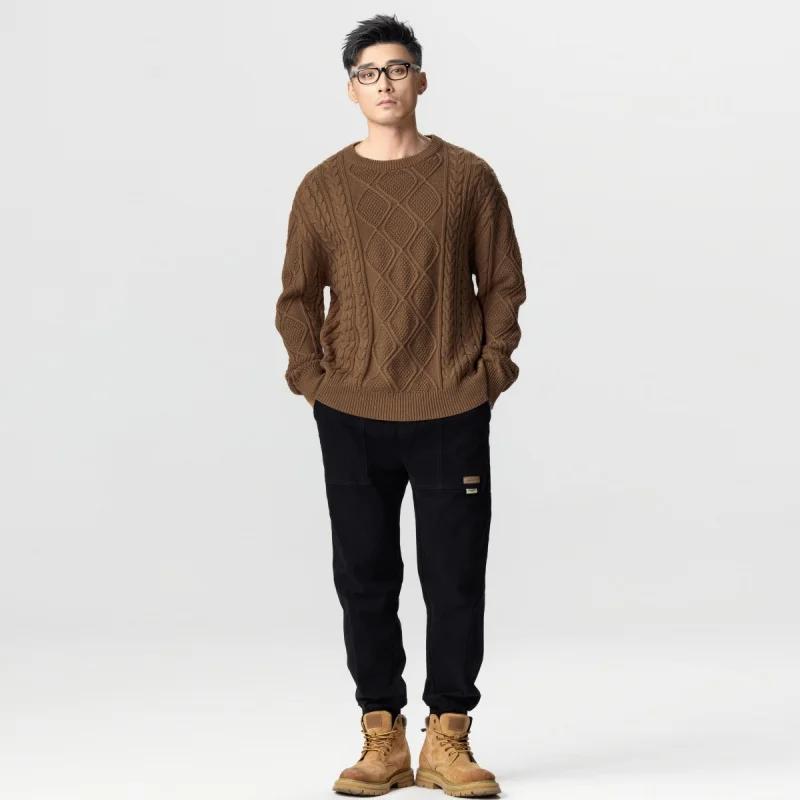 American retro knit sweater men loose round neck men twisted casual tops lazy wind versatile Large size sweater