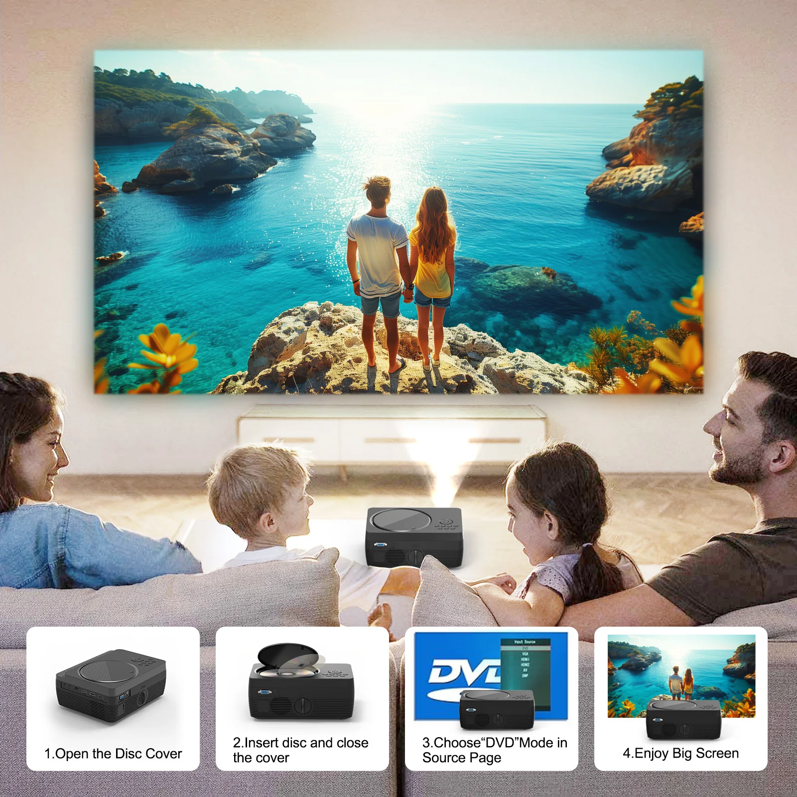 H96 Max W11 Portable 1080P LED Projector with DVD Player Android 9.0 OS Bluetooth Dual WiFi 260 ANSI Lumens HDMI USB TF