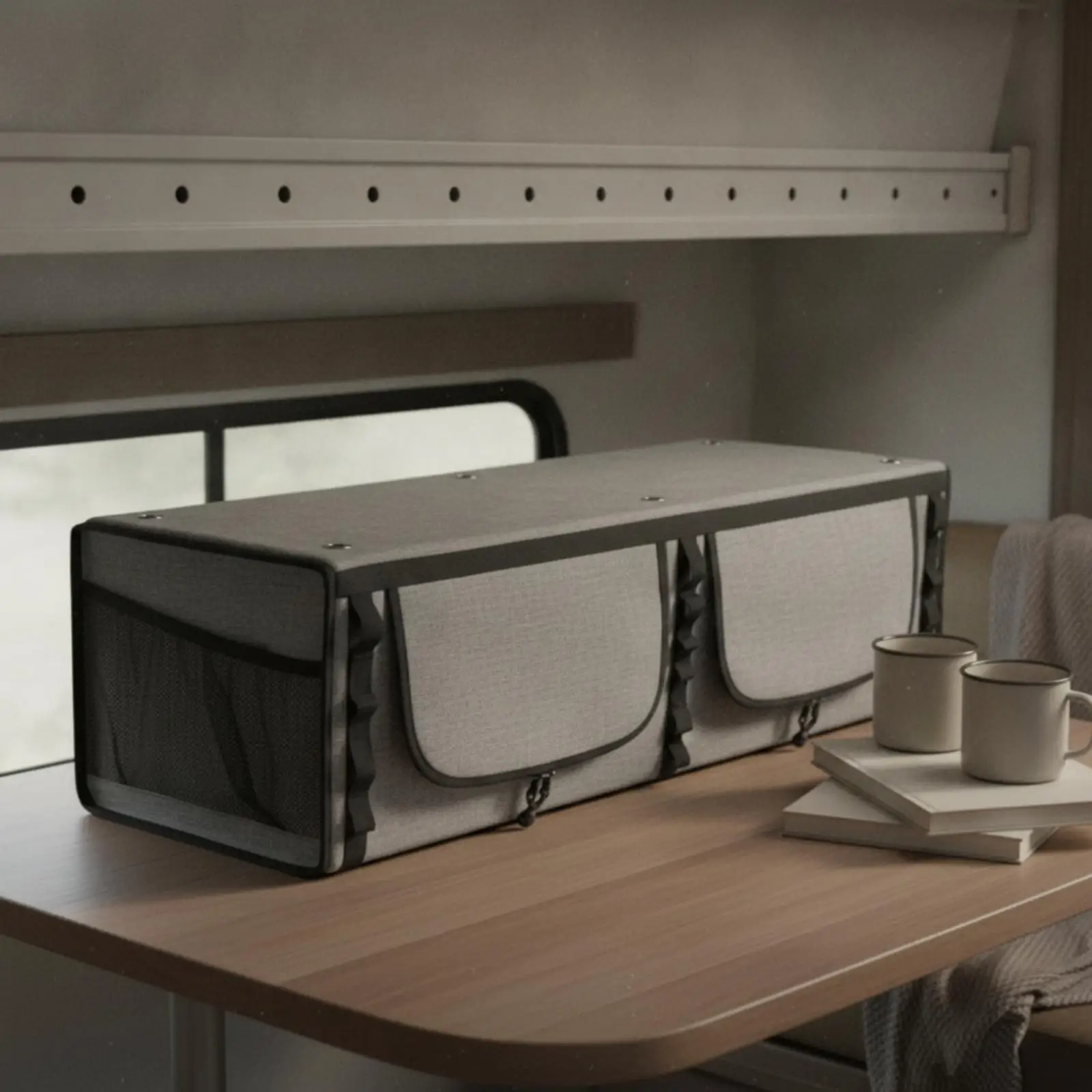 RV Overhead Storage Vehicle Roof Hanging Cabinet Soft Polyester Organizer Two Zip Pockets Breathable Mesh Panels