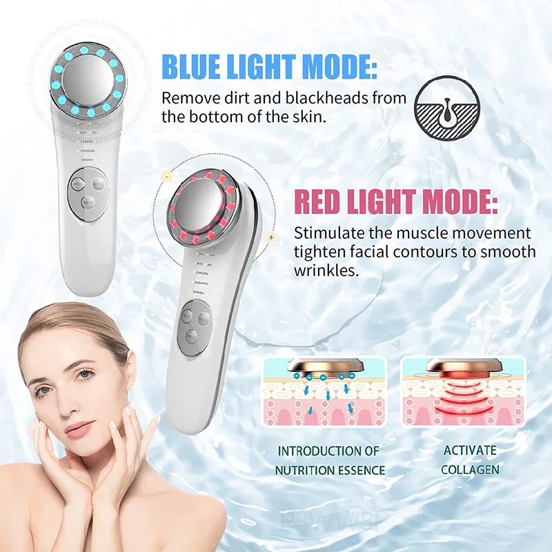 อุปกรณ์ความงามบนใบหน้าไอออนแสงสีพร้อมนวดอุ่นและเซรั่มแช่ น้ํายาทําความสะอาดผิวแบบชาร์จไฟได้เพื่อการฟื้นฟูผิว