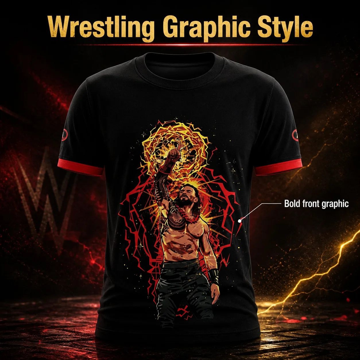 Mens OTC Wrestling Champion Lightning Flame Black Red Contrast Cuff Dual-Sided Print Hardcore Fan Short Sleeve T-Shirt