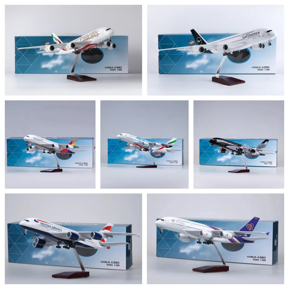 A380 Model Plane 1/160 Scale Airplane Diecast Plastic Model Series W Led Light & Wheel Souvenir Hobby Collection Gift