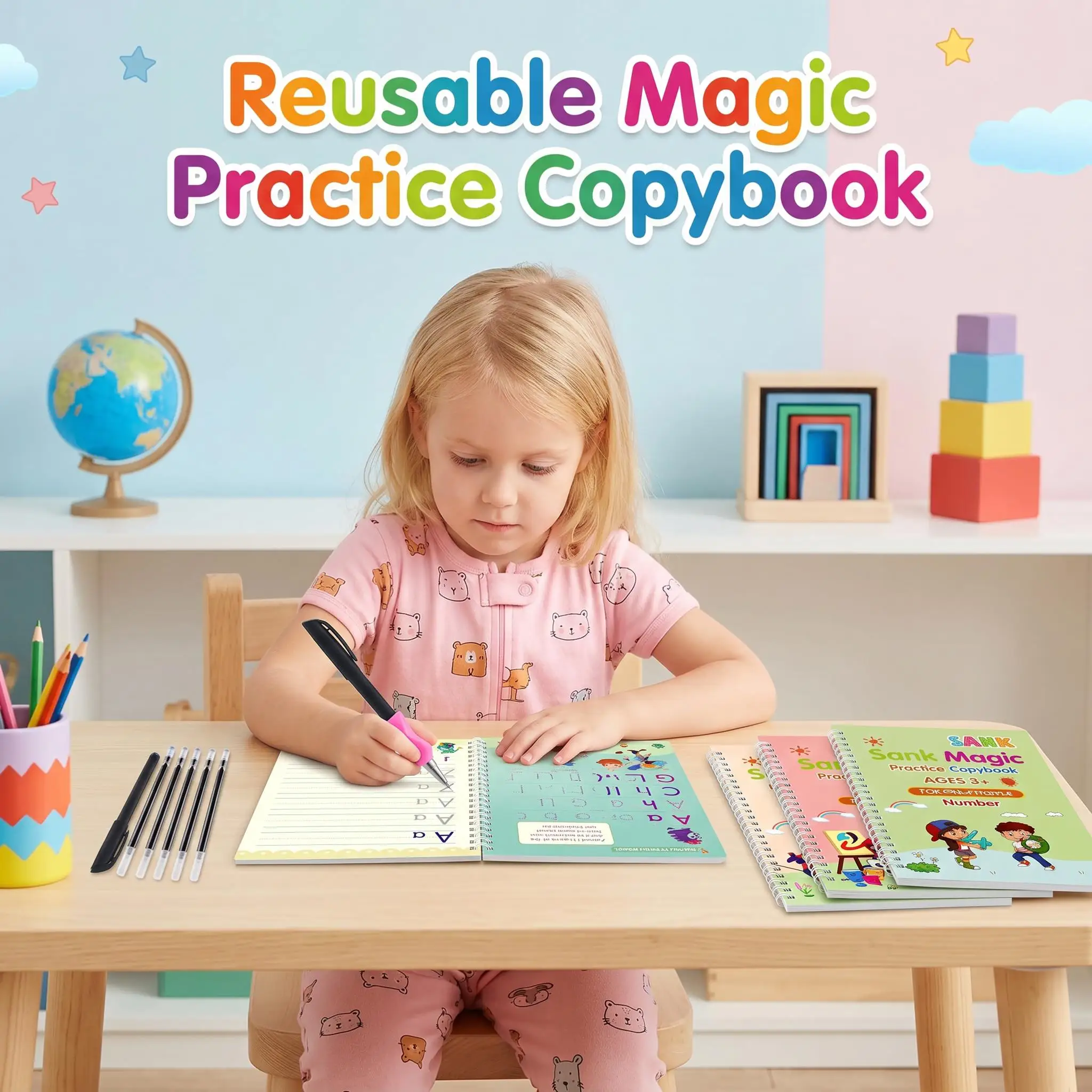 Reusable Magic Practice Copybook Kids Grooved Handwriting Tracing Book with Pen Holder Preschool Learning Supplies Birthday Gift